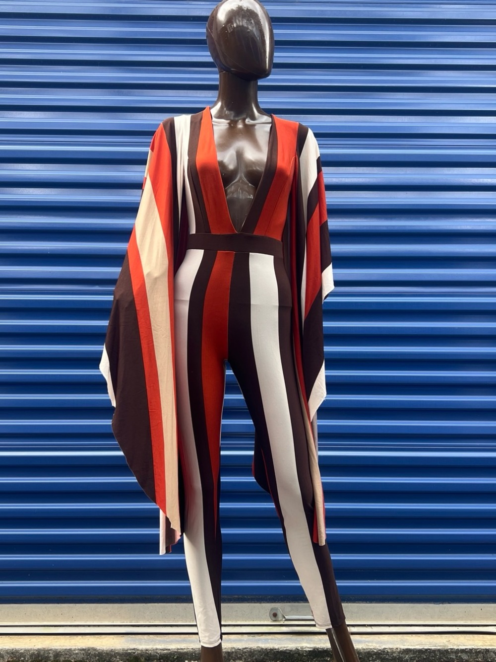 Fashion Nova Rust, Black & Cream Striped Deep V Jumpsuit